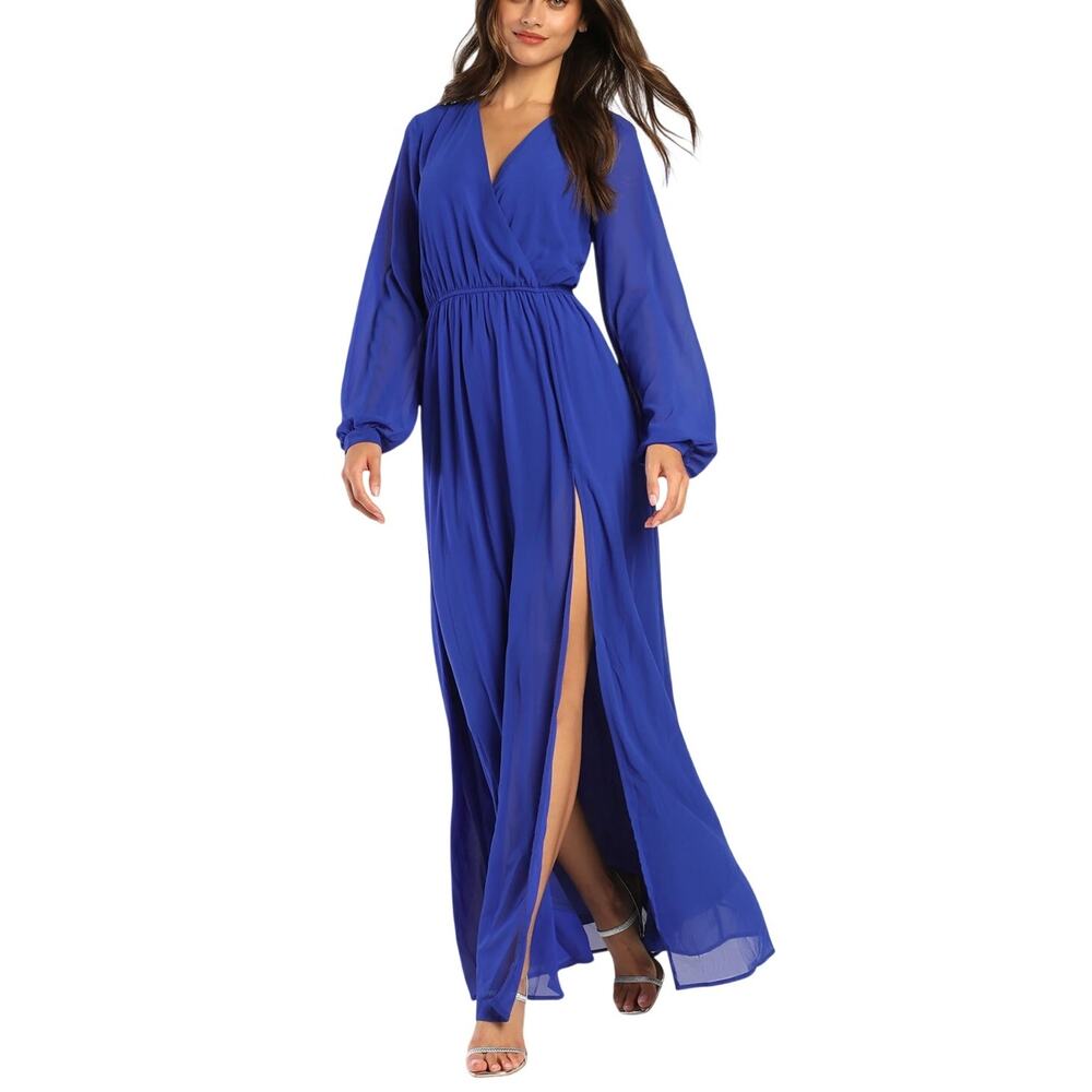 Lulus Wondrous Water Lilies Royal Blue Maxi Dress M Faux Wrap Slit Cobalt Event